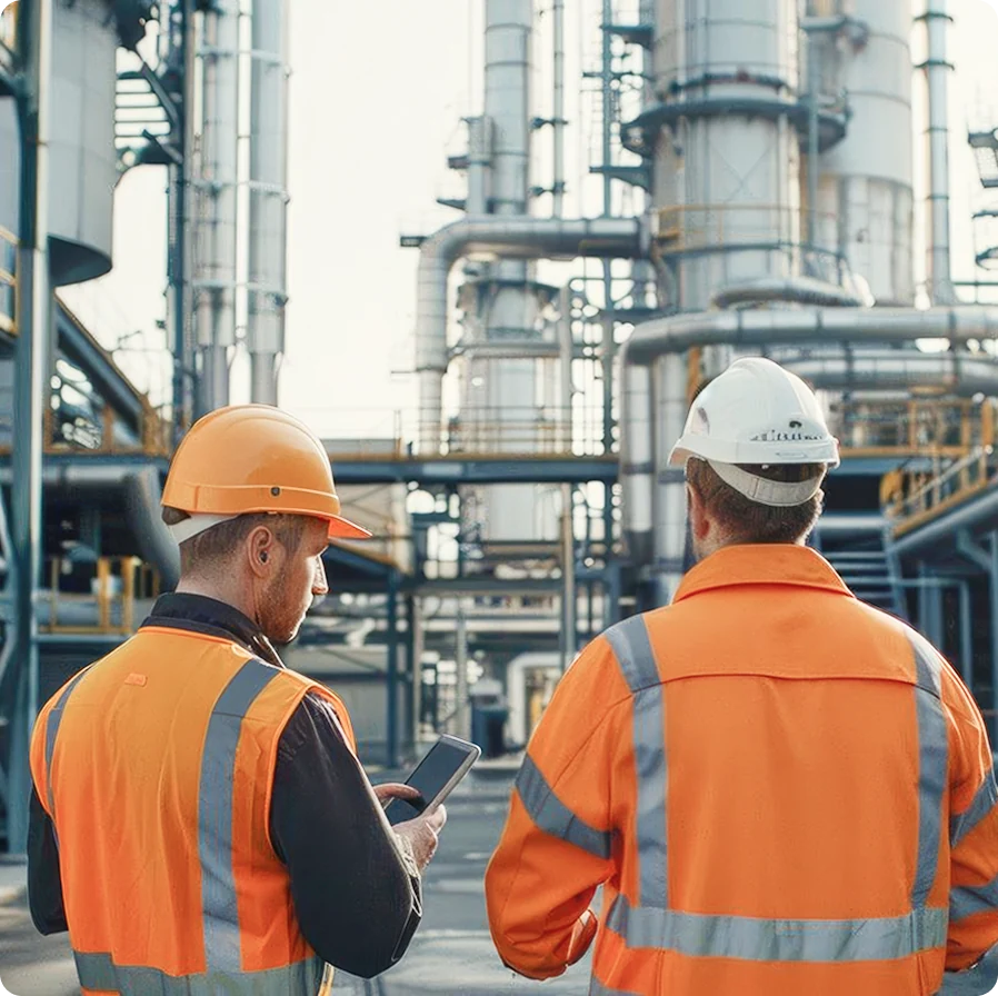 Two men in orange safety vests and hard hats survey a manufacturing plant.