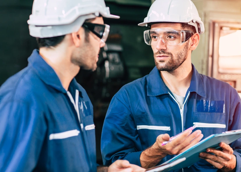 Two men in safety goggles and white hard hats fill out safety paperwork together.