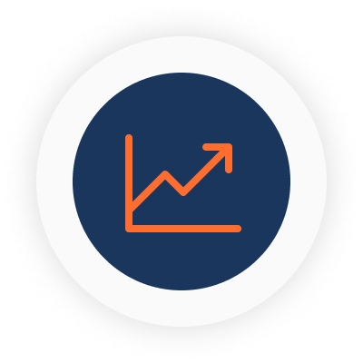 Orange icon of a line graph inside of a navy blue circle with a white border.