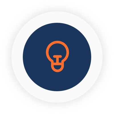 Orange icon of a lightbulb inside of a navy blue circle with a white border.