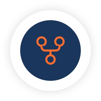 Orange icon of three connected dots inside of a navy blue circle with a white border.