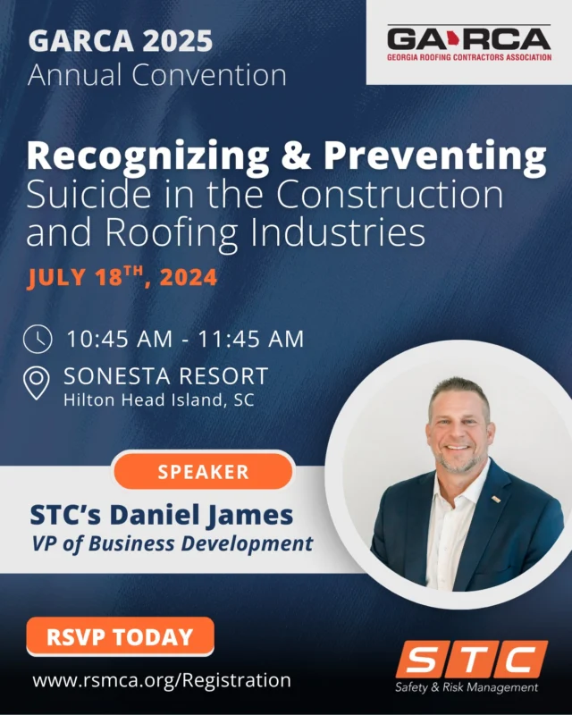 Mental Health and Suicide prevention are such an important discussion within the construction and roofing industry. Everyone knows someone who has been impacted from mental health issues, and suicide trumps workplace injury deaths with a ratio of 6 to 1. 

With that said, we are thrilled to officially announce that STC will be presenting at the Georgia Roofing Contractors Association 2025 Annual Convention!

This training equips workers, supervisors, and leaders with the knowledge and tools to recognize, respond to, and prevent mental health issues and suicide in construction and roofing environments. 

Register today and save your seat! -> www.rsmca.org/registration